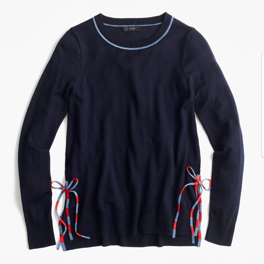 J Crew Sweater Merino Wool Side Slit Tie Sweater Navy Blue size XS Nautical